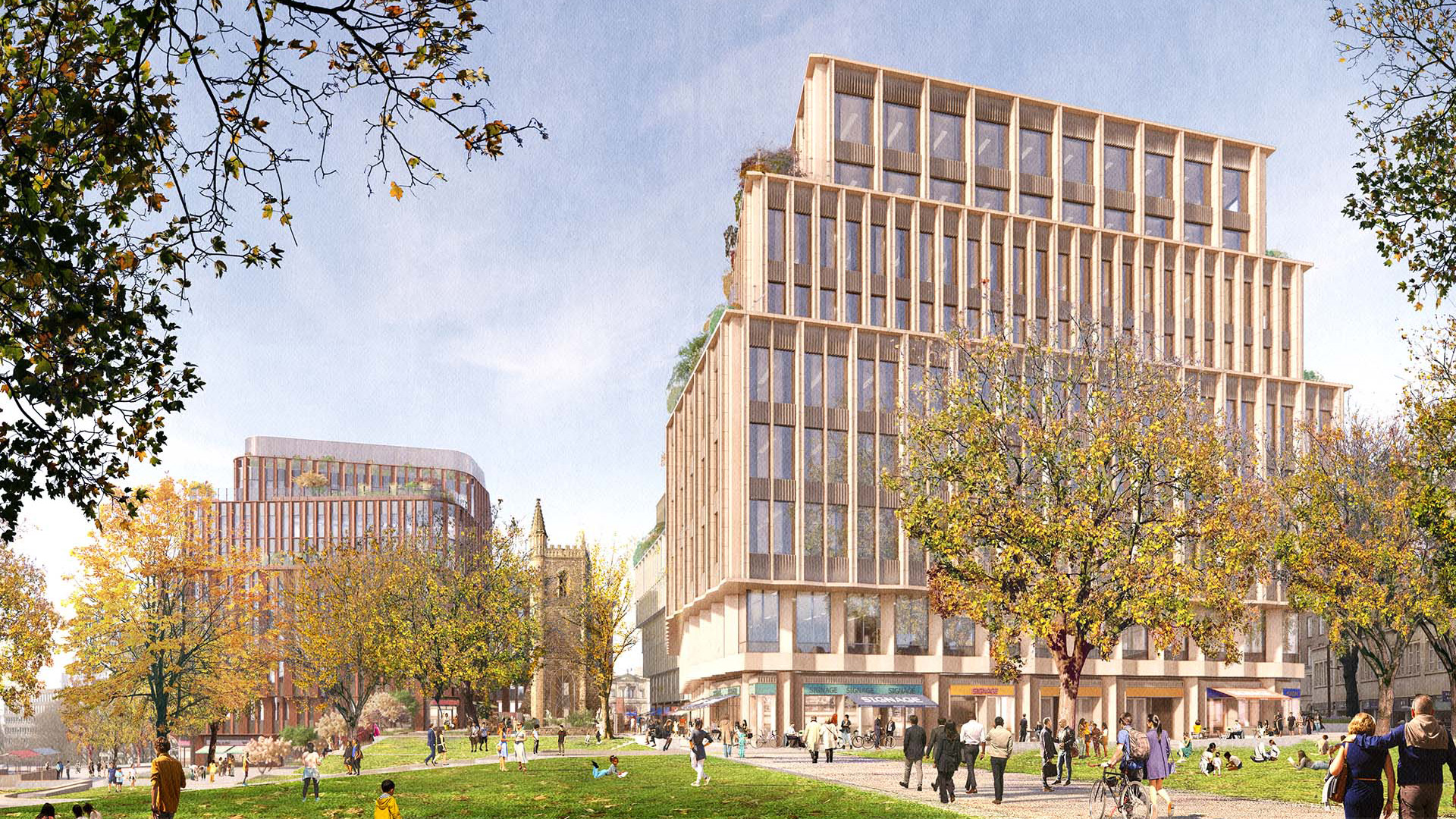 Office buildings and surrounding green space, St Mary le Port, Bristol, MEPC managed asset. CGI.