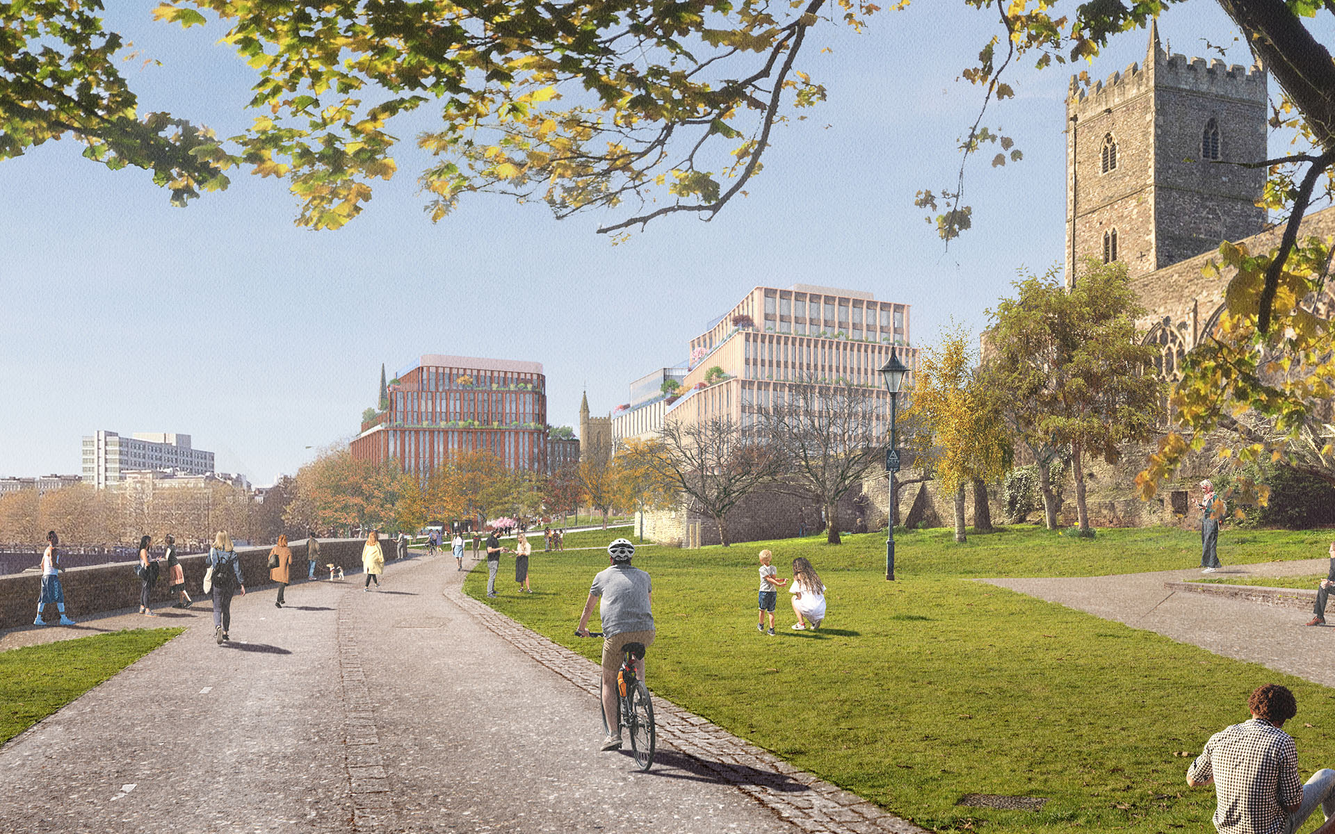 Office buildings and surrounding green space, St Mary le Port, Bristol, MEPC managed asset. CGI.